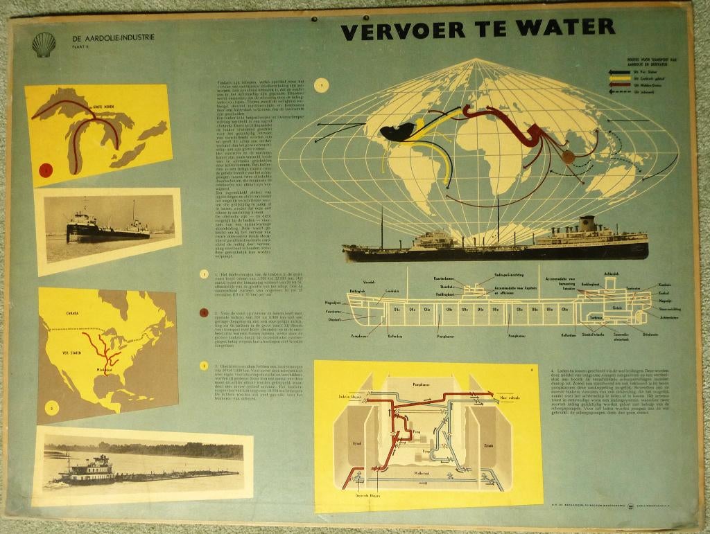 Oude schoolplaat met de scheepvaart van de ruwe olie, Verzamelen, Ophalen of Verzenden, Zo goed als nieuw, Motorboot, Kaart, Foto of Prent