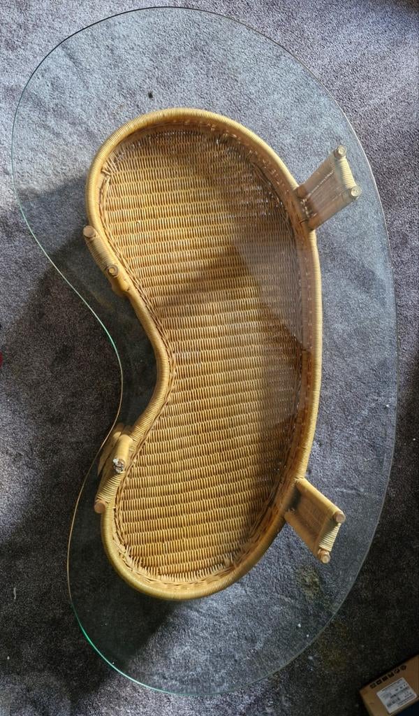 Unieke Salontafel met Glas en Rotan, Ophalen, Gebruikt, 50 tot 100 cm, Vintage