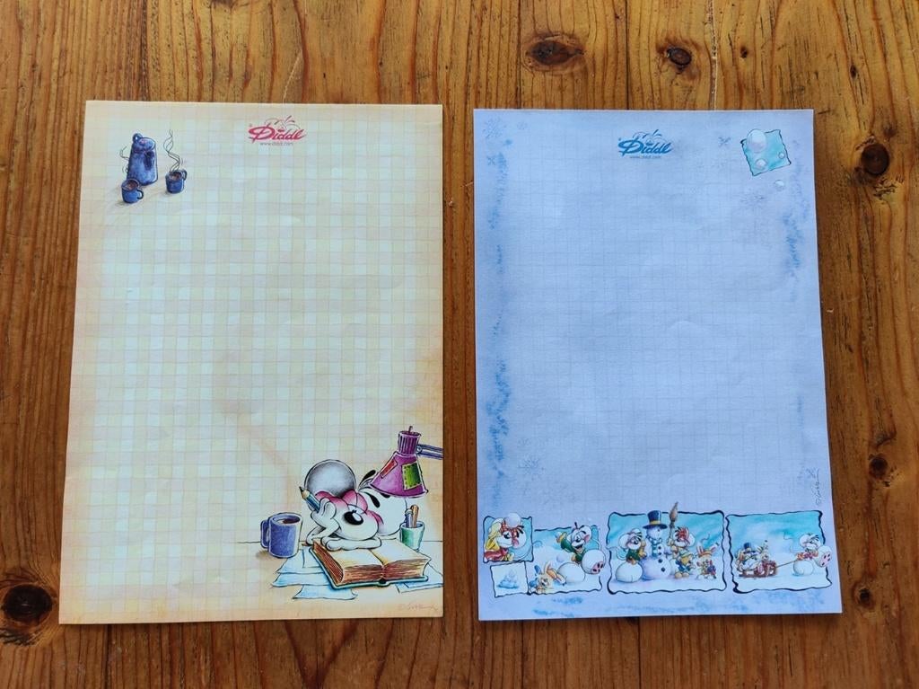 2 verschillende Diddl A-5 blaadjes 15X21cm., Ophalen of Verzenden, Verschillende figuren, Gebruikt, Papier, Kaart of Schrift