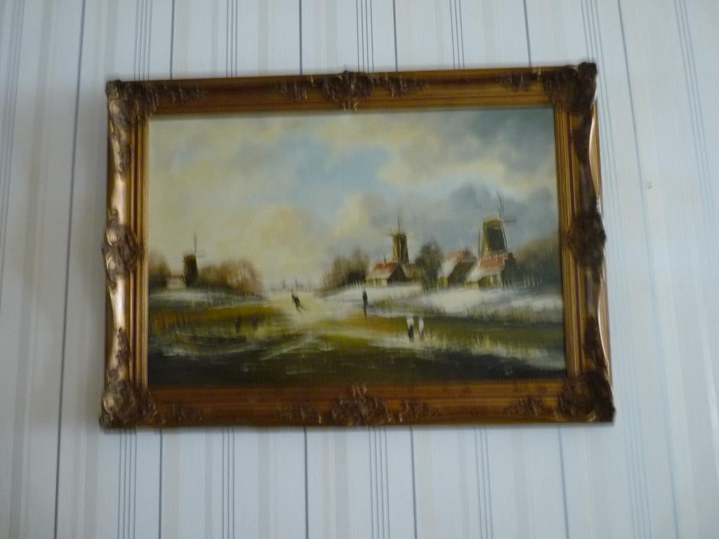 Antiek schilderij Molenlandschap met schaatsers, Antiek en Kunst, Kunst | Schilderijen | Klassiek, Ophalen