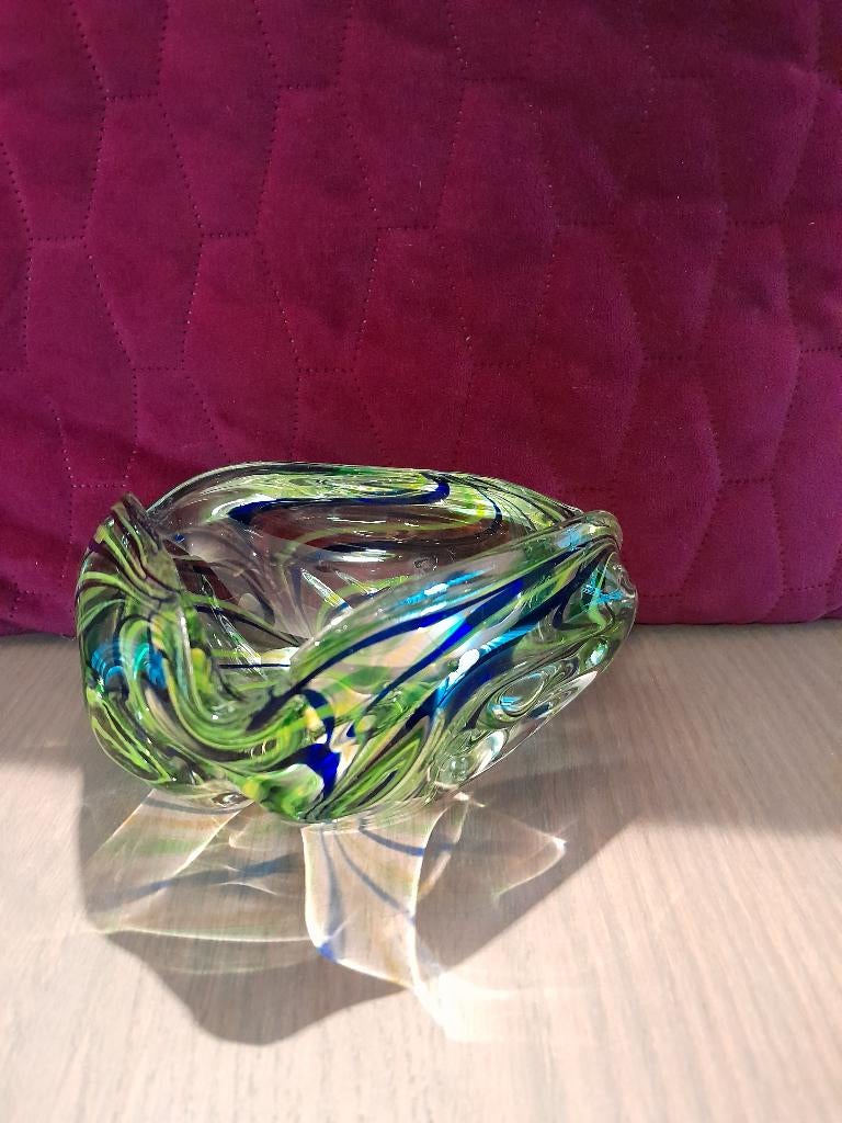 Vintage glazen asbak kom schaal geel groen blauw 60 er jaren, Antiek en Kunst, Antiek | Glas en Kristal, Ophalen of Verzenden