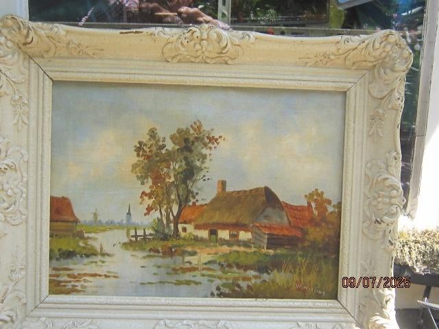 W.WITJENS, Boerderij aan het water Olieverf Linnen, Antiek en Kunst, Ophalen of Verzenden