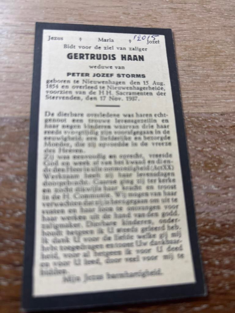 Haan Gertrudis Nieuwenhage 1937 Nieuwenhagerheide x Storms, Verzamelen, Ophalen of Verzenden, Bidprentje