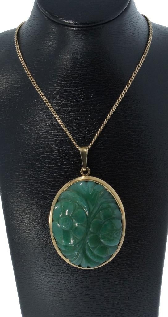 Jade Nefriet bloem 14k gouden vintage ketting hanger groot, Voordeelsieraden, Ophalen of Verzenden, Zo goed als nieuw, Info@voordeelsieraden.nl