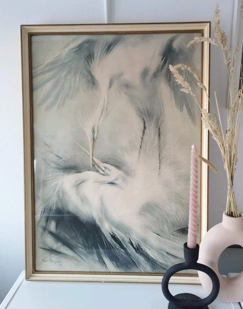 Japandi Vintage schilderij Kraanvogels H. van Meegeren 50x69, Antiek en Kunst, Verzenden