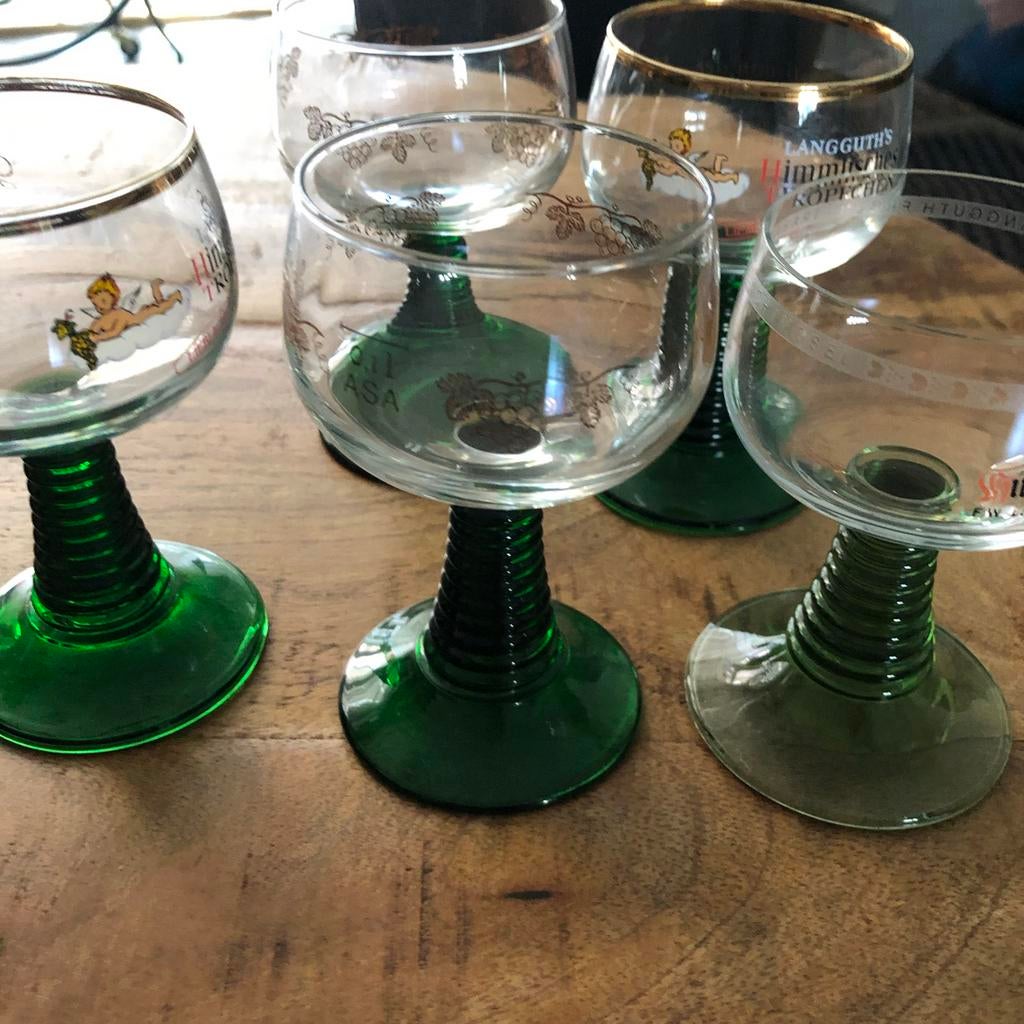 Moezel wijnglazen met groene voet Vintage, Ophalen, Zo goed als nieuw, Overige typen