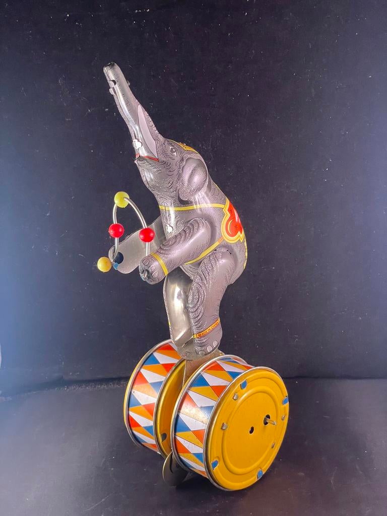 Blikken olifant op trommel / blikken speelgoed / vintage, Ophalen of Verzenden