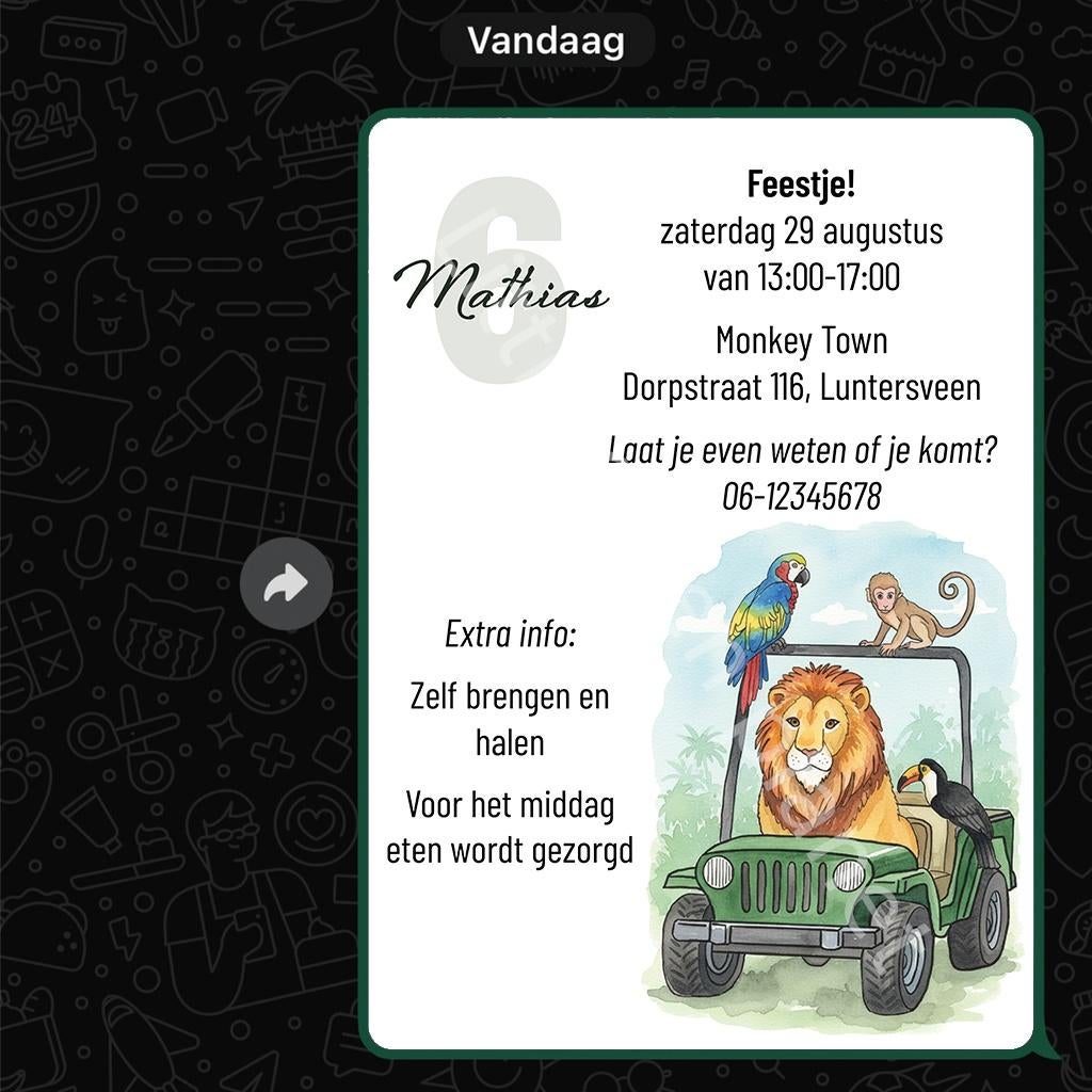 Digitale uitnodiging WhatsApp – Jungle kinderfeestje, Kinderen en Baby's, Verzenden, Nieuw