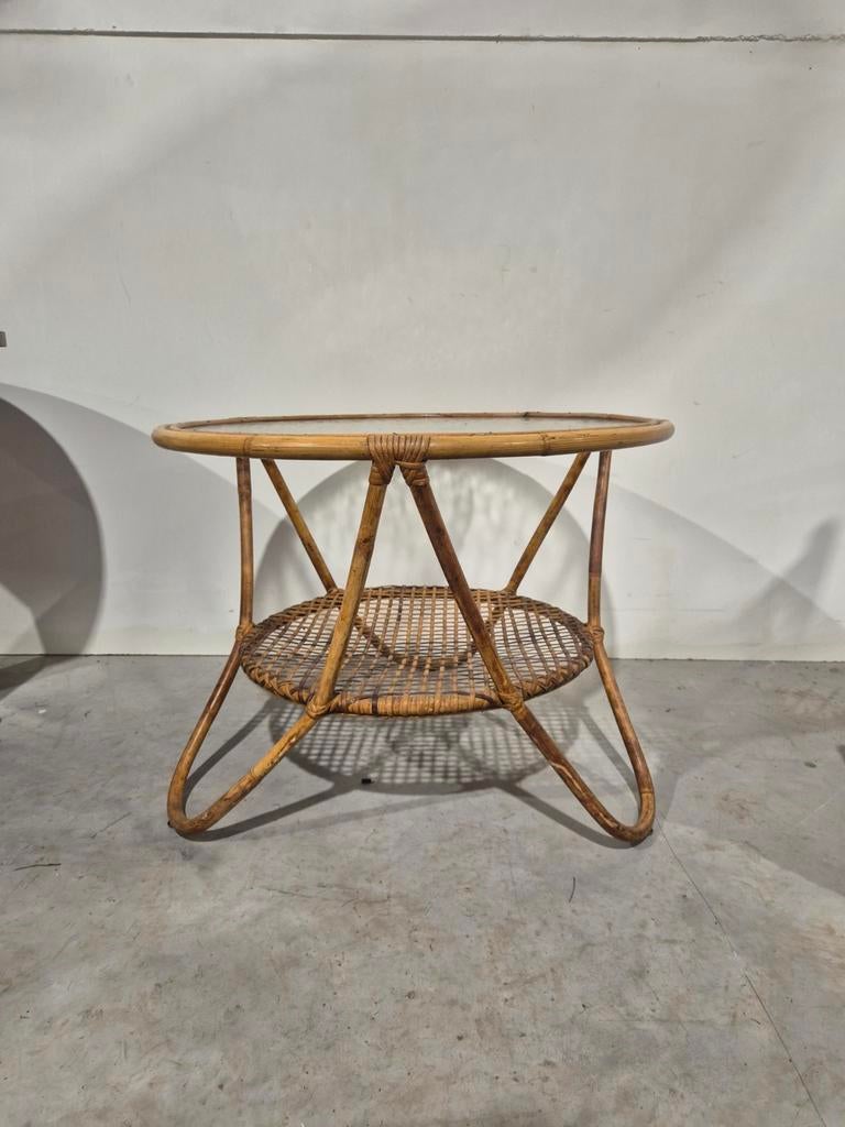 Vintage jaren 50 rohe noordwolde bijzet tafel rotan glas, Ophalen, 50 tot 100 cm, Glas, Onbekend