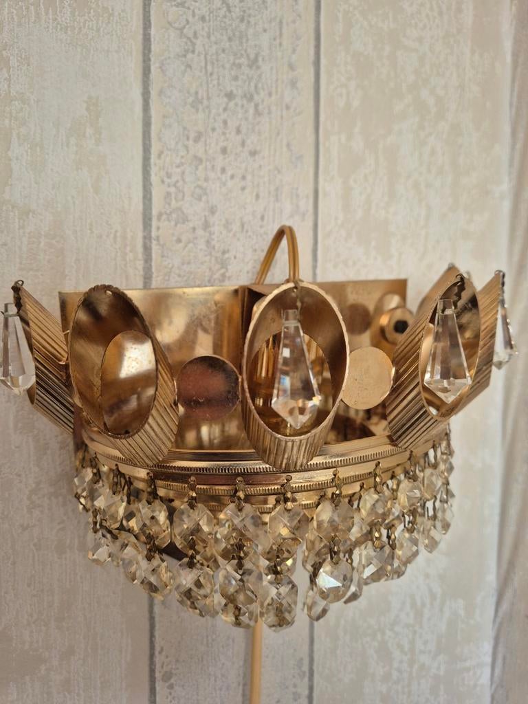 Vintage Gouden Wandlamp met Kristallen, Ophalen of Verzenden, Gebruikt, Glas, Vintage, Klassiek, Glamour