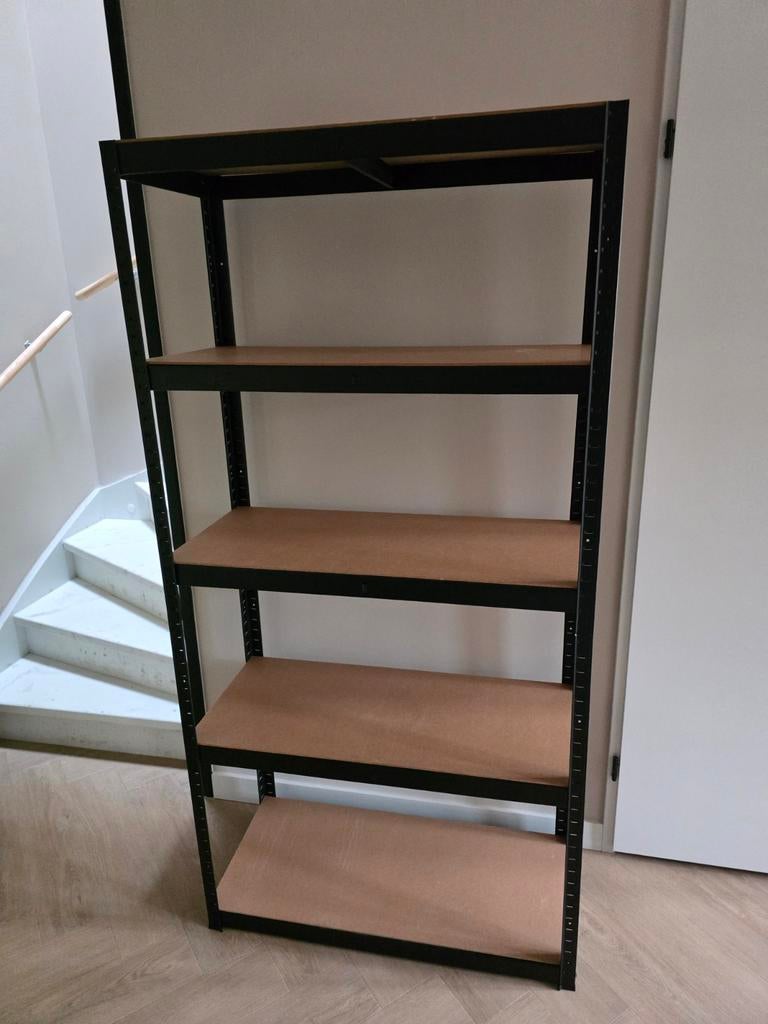Zwart metalen stellingkast met houten planken, Ophalen of Verzenden