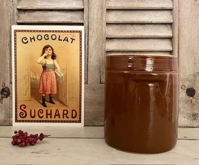 Vintage Franse grès pot olijven pot met deksel bruin glazuur, Antiek en Kunst, Ophalen of Verzenden