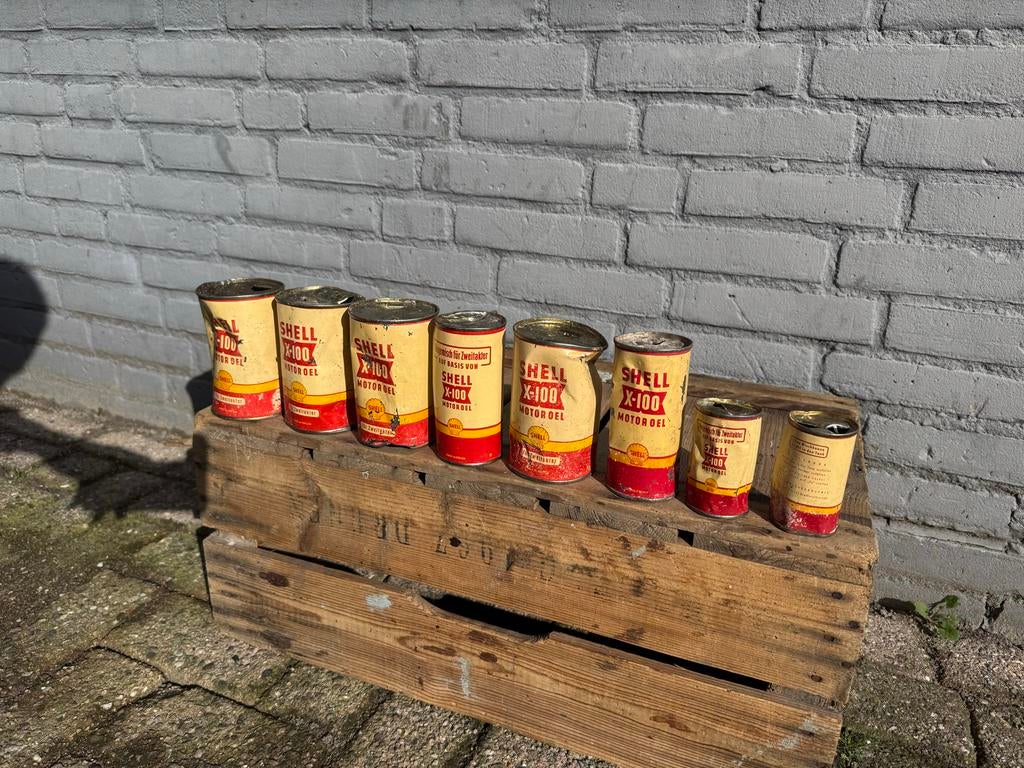 Vintage Shell X-100 Motorolie Blikken - Decoratie, Verzamelen, Merken en Reclamevoorwerpen, Gebruikt, Gebruiksvoorwerp, ., Ophalen of Verzenden