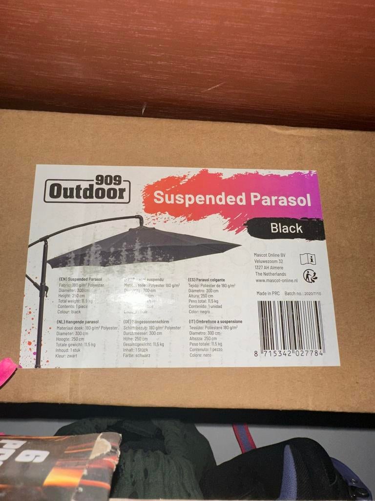 909 Outdoor Zweefparasol Zwart - 300 cm (nieuw in doos), Ophalen, Nieuw, 2 tot 3 meter, Zweefparasol