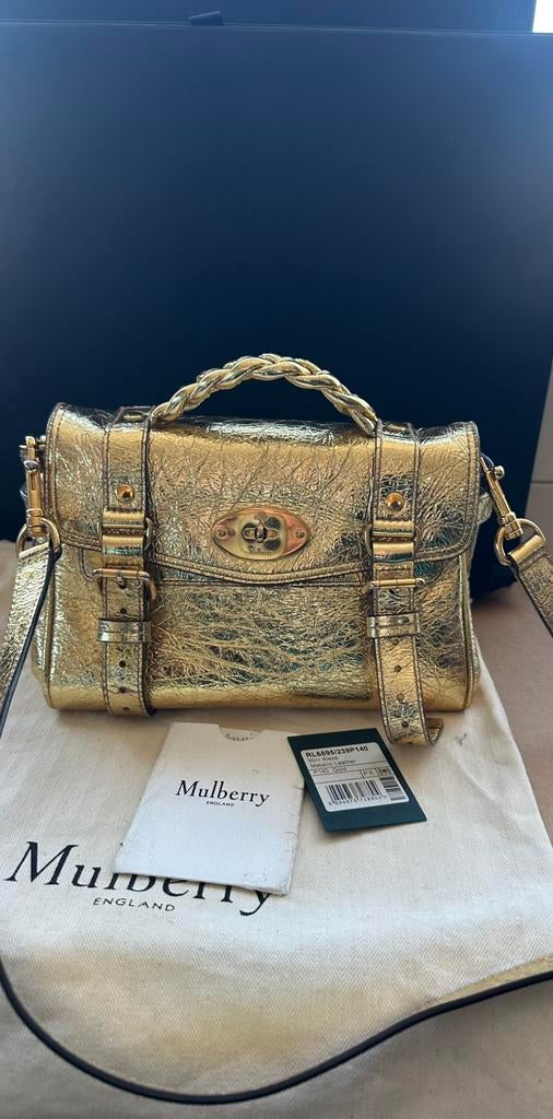 Mulberry Mini Alexa in metallic leather gold, Ophalen of Verzenden, Zo goed als nieuw, Handtas