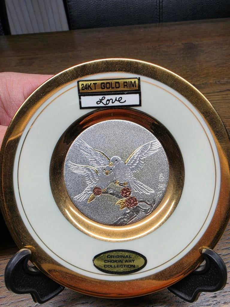 Chokin Art Decoratief Bord 'Love' met 24KT Goud - Duiven, Ophalen