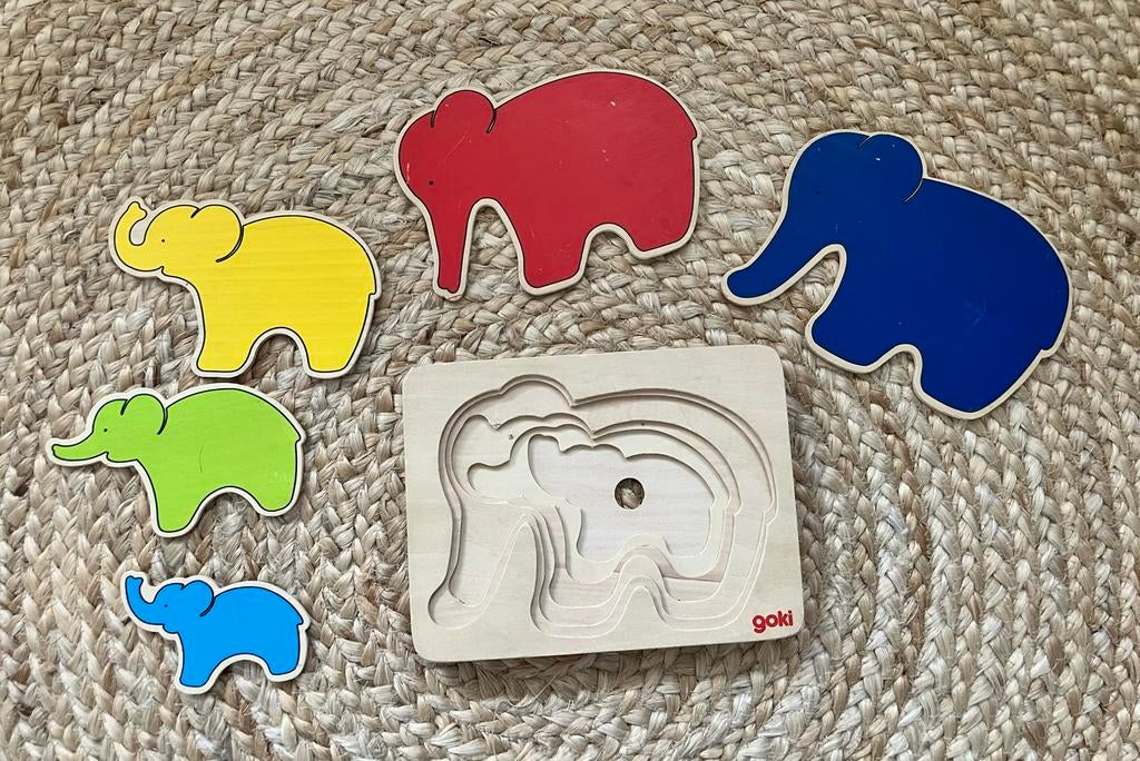 Goki Houten Laagjes Puzzel Olifant - Educatief Speelgoed, 2 tot 4 jaar, Gebruikt, Ophalen of Verzenden, Van hout