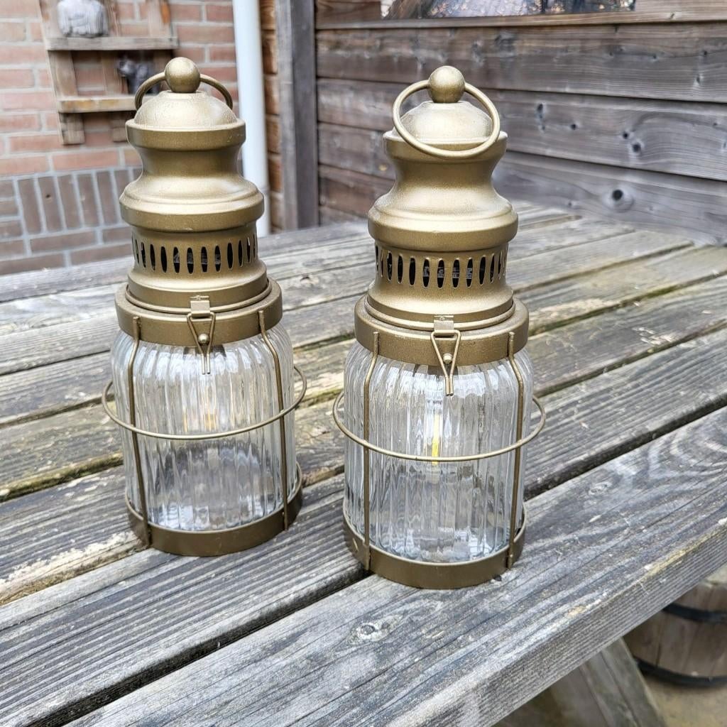 Lantaarn 2 stuks ribbelglas bronskleurig, Ophalen, Zo goed als nieuw, Metaal, 25 tot 50 cm