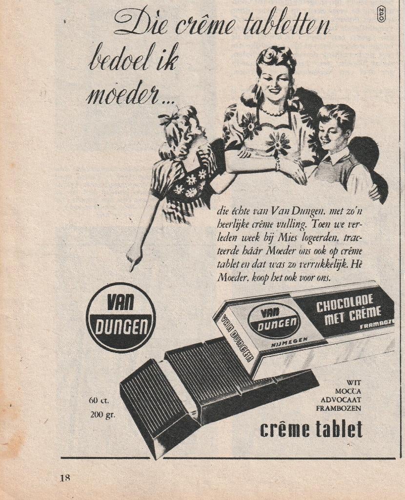 Retro reclame 1948 Van Dungen chocolade bij Mies gezien, Verzenden, Overige typen