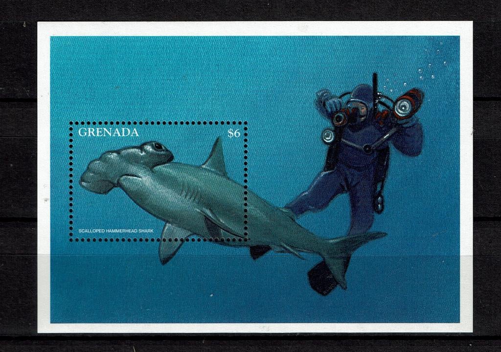GRENADA 1997 PF BLOK HAMERHAAI HAAIEN VISSEN ZEELEVEN SHARKS, Ophalen of Verzenden, Postfris, Dier of Natuur
