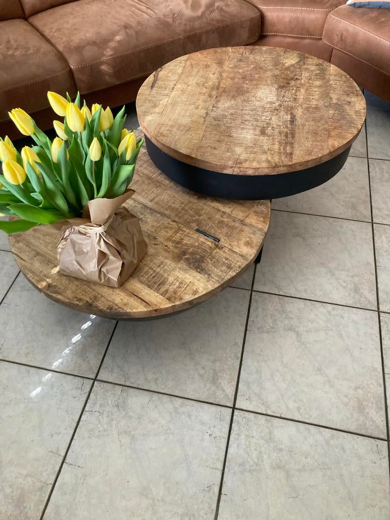 Unieke ronde salontafel met opbergruimte, Huis en Inrichting, Tafels | Salontafels, Ophalen, Rond, 50 tot 100 cm, Zo goed als nieuw