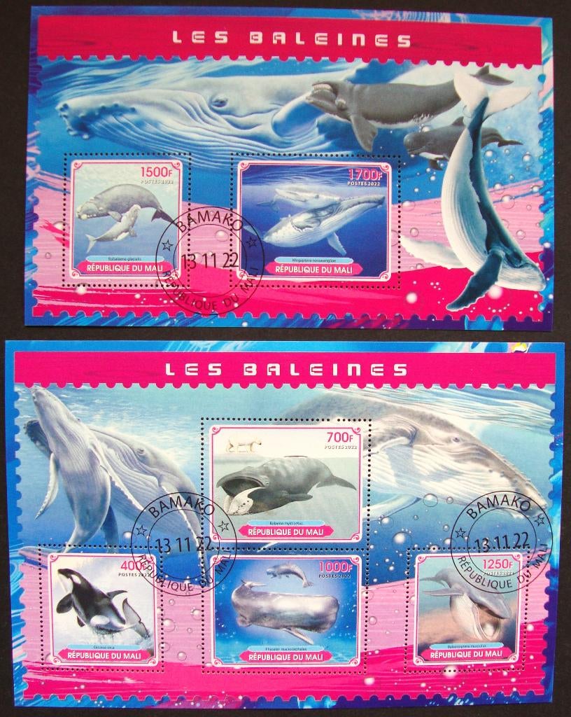 - 754 - 2 Blokken met Baleinen Walvissen., Verzenden, Gestempeld, Dier of Natuur