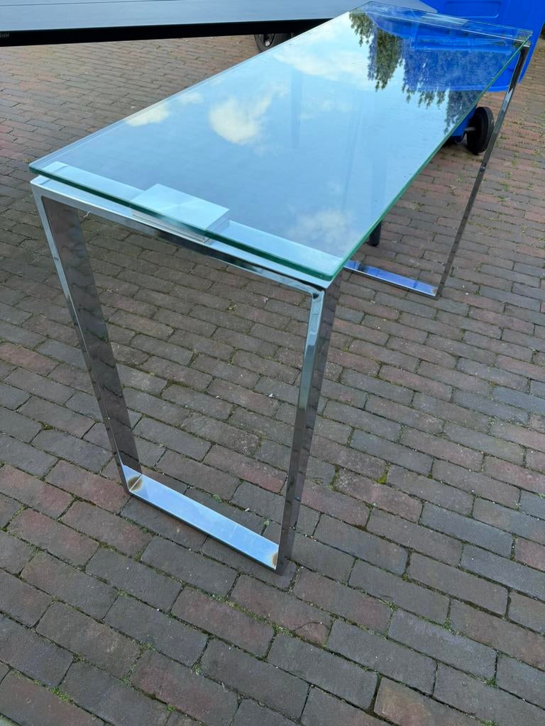 Glazen sidetable / wandtafel met RVS frame, 100 tot 150 cm, Ophalen of Verzenden, Glas, Zo goed als nieuw