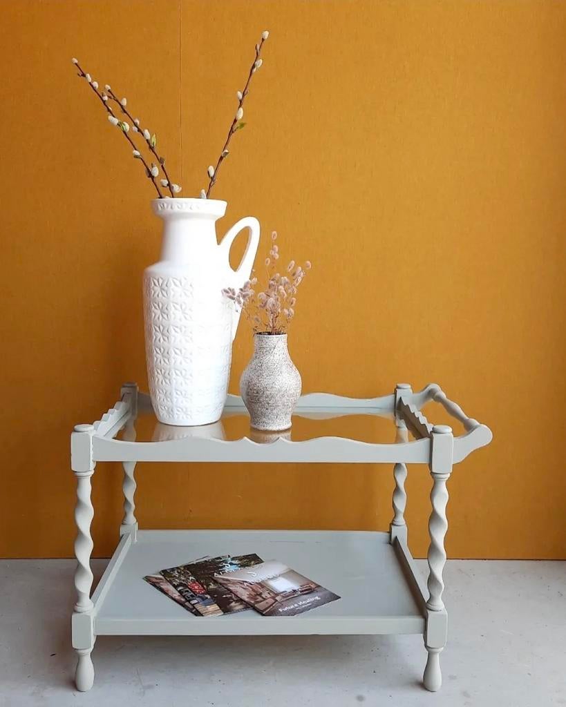 Houten bijzettafeltje met glasplaat, serveer tafeltje, tafel, Ophalen, Gebruikt, Vintage, Nvt