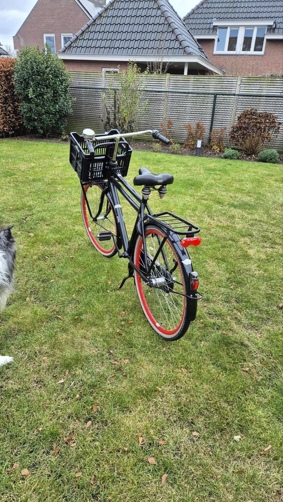 Herenfiets met krat en rode velgen, Terugtraprem, Gebruikt, Versnellingen, 57 tot 61 cm