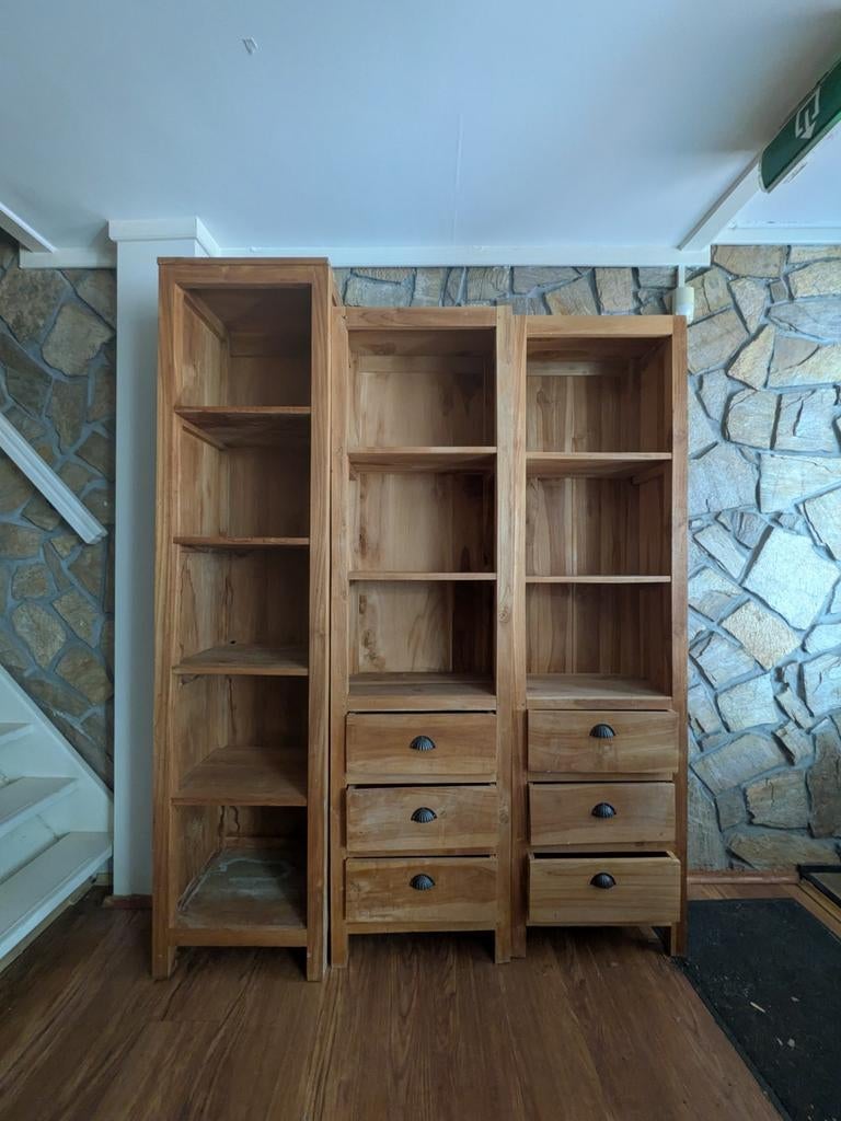 Prachtige 3-delige Boekenkast / Buffetkast - Massief Hout, Ophalen, Met plank(en), Gebruikt, Landelijk, Industrieel, Koloniaal