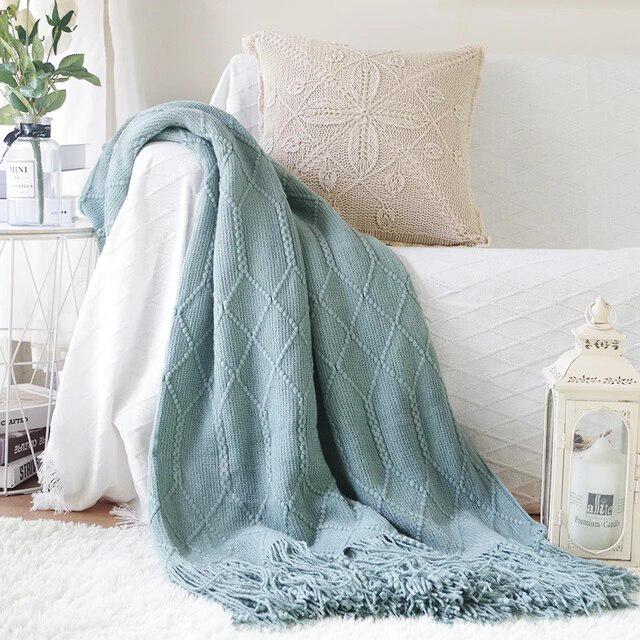 nieuw, Blauw Gebreide Woondeken met Franjes, Huis en Inrichting, Woonaccessoires | Plaids en Woondekens, Ophalen of Verzenden