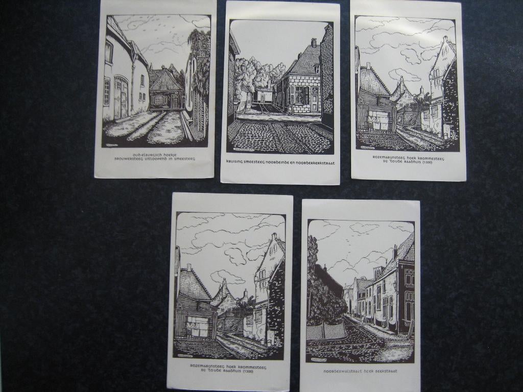 ELBURG 5 pentekeningen Kees Jansen diverse straten zie onder, Verzamelen, Ansichtkaarten | Nederland, Ophalen of Verzenden, 1920 tot 1940