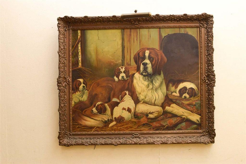 Schilderij met lampje st Bernard met haar puppy's 49106, Minder dan 50 cm, Gebruikt, Ophalen of Verzenden, Schilderij