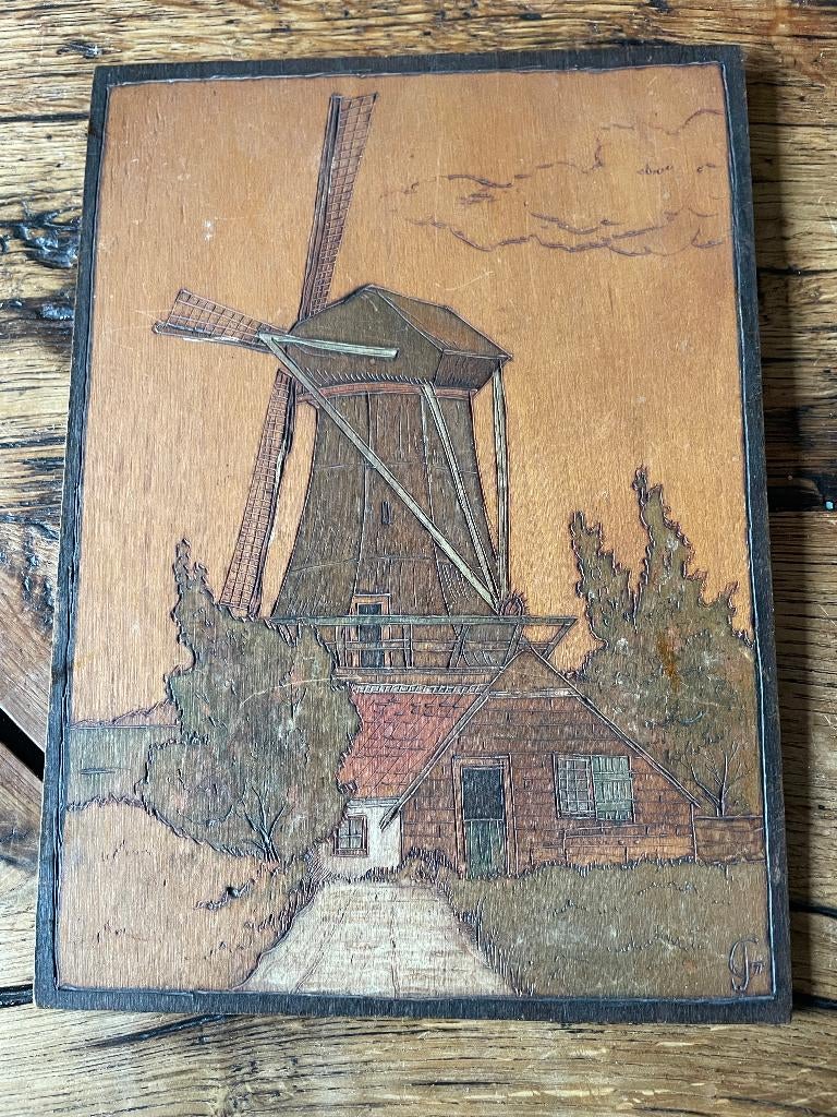 vintage houten afbeelding van Molen, Antiek en Kunst, Ophalen of Verzenden
