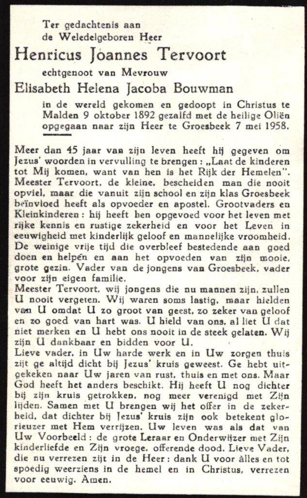 Tervoort Henricus Joannes Malden 1892-1958 Groesbeek, Ophalen of Verzenden