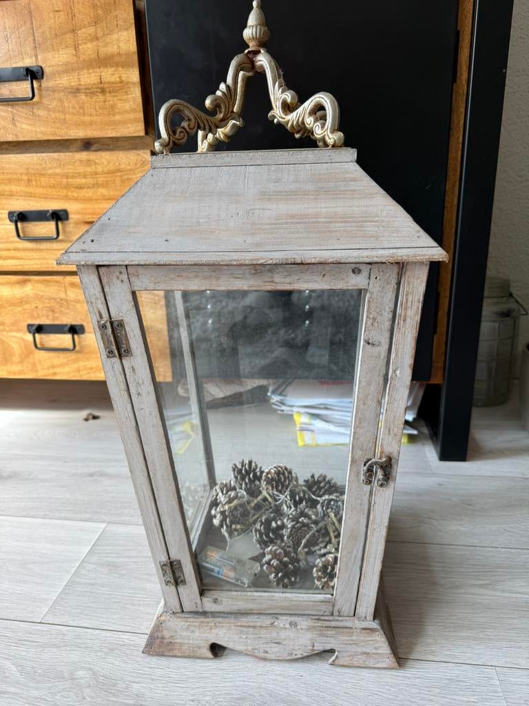 Houten sfeer lantaarn, Huis en Inrichting, Woonaccessoires | Kandelaars en Kaarsen, Ophalen of Verzenden, Zo goed als nieuw, Hout