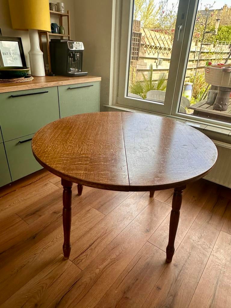 Vintage Uitschuifbare Ronde Eettafel - Hout, Huis en Inrichting, Tafels | Eettafels, Ophalen, Gebruikt, 100 tot 150 cm, Rond