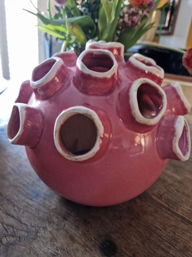 Tulpen vaas roze Villa Pottery, Overige kleuren, Verzenden, Minder dan 50 cm, Glas