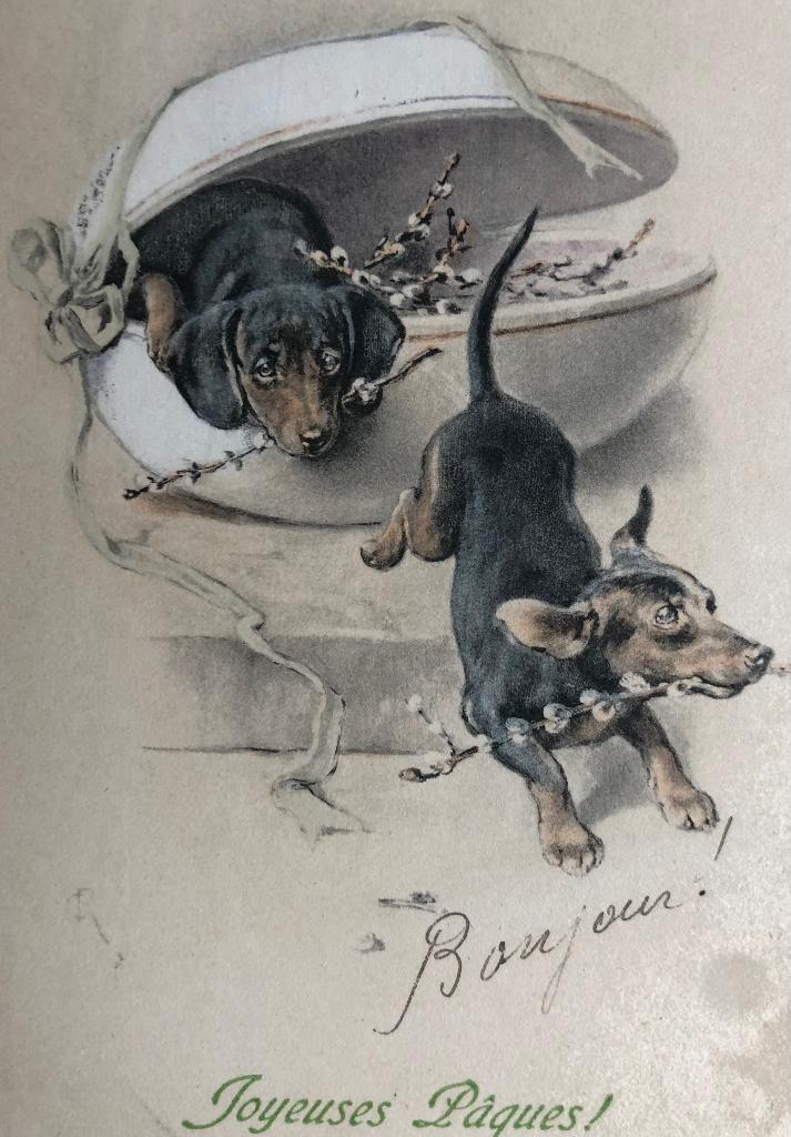 (7) - PAASKAART - TECKEL - Joyeuses Pâques, Ophalen of Verzenden, Voor 1920, Gelopen, Feest(dag)