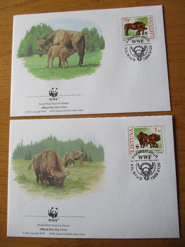 Europese bison, WWF serie FDC's Litouwen, 1996, Ophalen of Verzenden, Gestempeld, Dier of Natuur