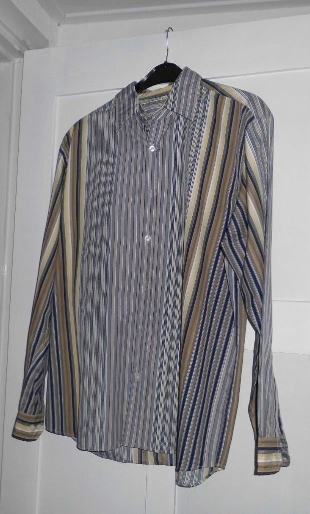 Overhemd beige - blauw lange mouw M, Kleding | Heren, Ophalen of Verzenden, Zo goed als nieuw, Blauw, Halswijdte 39/40 (M)