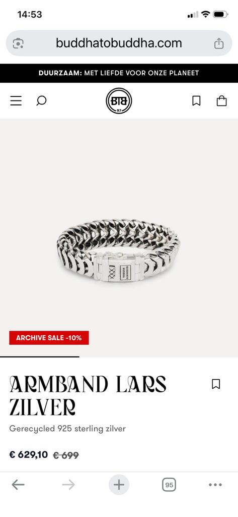 Budha to budha armband type lars 21 cm, Ophalen of Verzenden, Zo goed als nieuw, Zilver