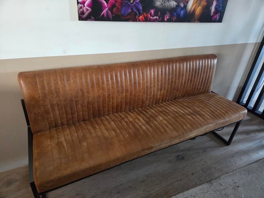 Eetkamerbank cognac 185cm PMU leer, Huis en Inrichting, Stoelen, Ophalen, Gebruikt, Bruin, Leer