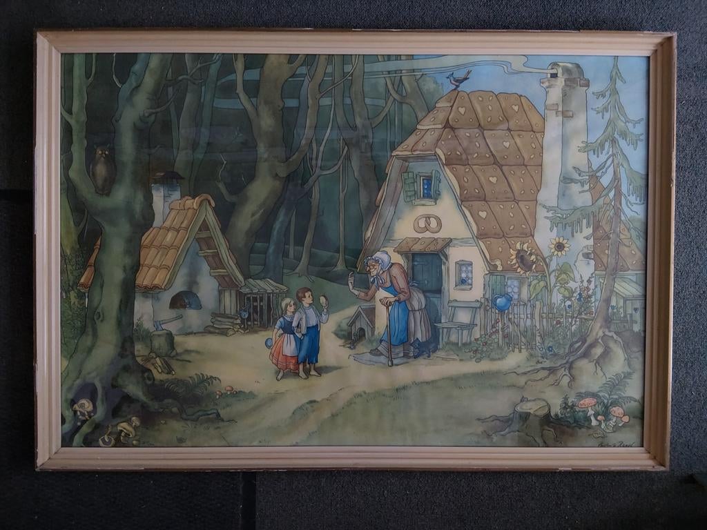 Oude illustratie Hans en Grietje 100x69cm, Antiek en Kunst, Kunst | Schilderijen | Klassiek, Ophalen