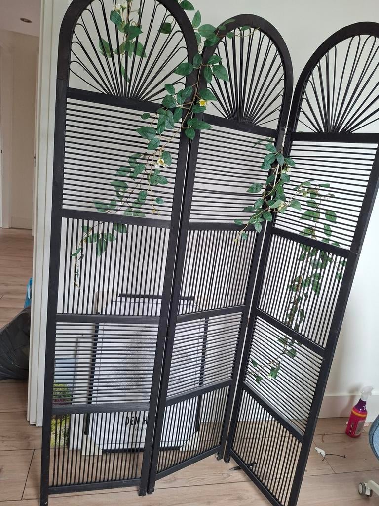 Zwart rieten/bamboe kamerscherm met 3 panelen, Ophalen, Gebruikt