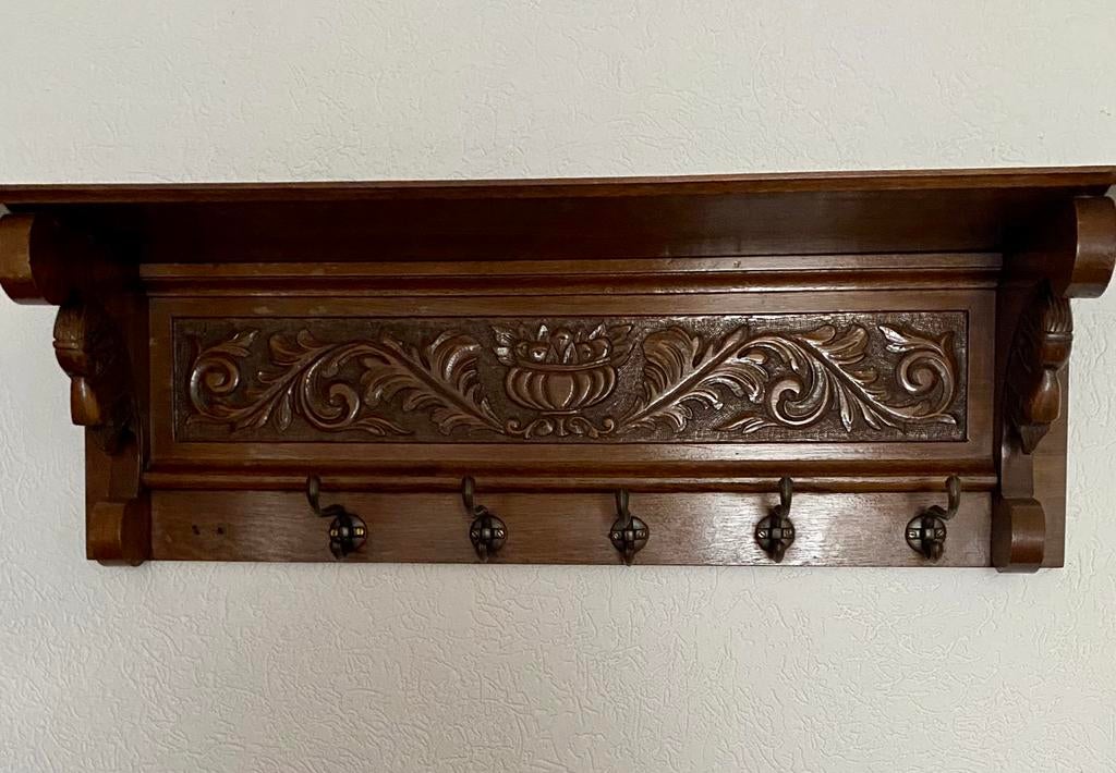 Massief eiken kapstok met houtsnijwerk, Huis en Inrichting, Ophalen, Gebruikt, Hout, Wandkapstok