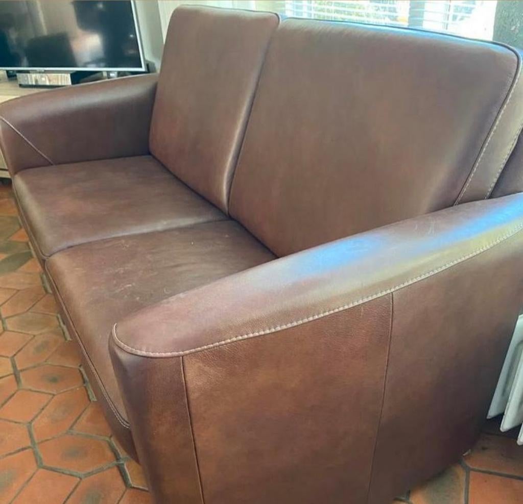 Leren bankstel 2,5-zits bank + 2 fauteuils (ZGAN), Ophalen, Zo goed als nieuw, Rechte bank, Leer