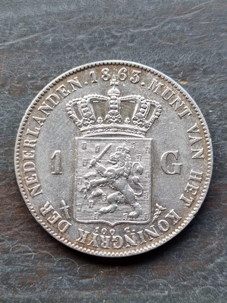 1 gulden 1863 Willem 3, 1 gulden, Koning Willem III, Zilver, Ophalen of Verzenden