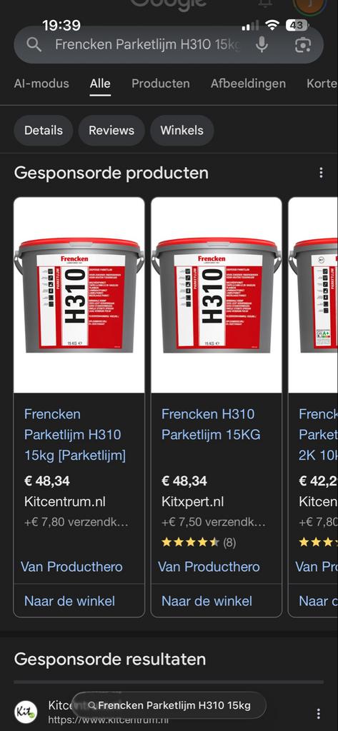 Frencken Parketlijm H310 15kg, Ophalen, Overige typen, Nieuw, Minder dan 20 cm