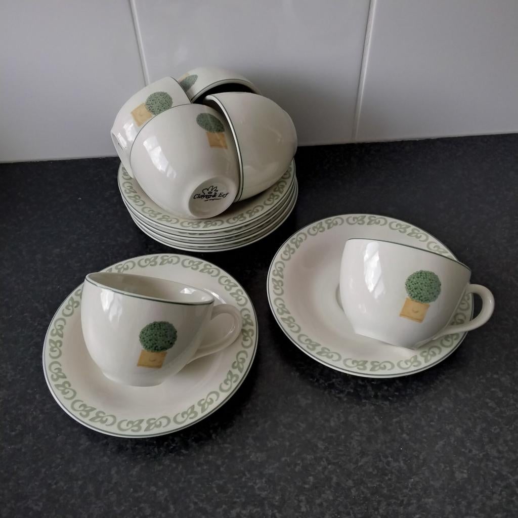 Van Cleef Clayre en Eef  6 kop en schotels buxus, Ophalen of Verzenden, Zo goed als nieuw, Overige stijlen, Kop(pen) en/of Schotel(s)